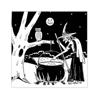 Vintage Halloween-Hexe mit Cauldron Gummistempel