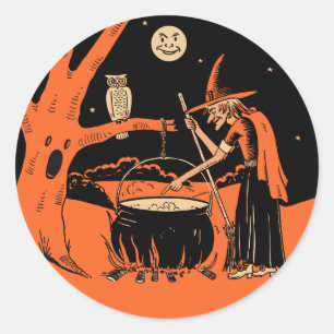 Vintage-Halloween-Hexe mit Kessel-Aufklebern Runder Aufkleber