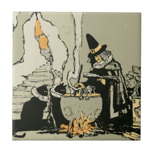 Vintage Halloween, Hexe mit Kessel und Katzen Fliese