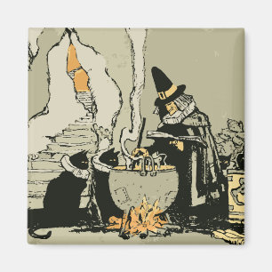 Vintage Halloween, Hexe mit Kessel und Katzen Magnet