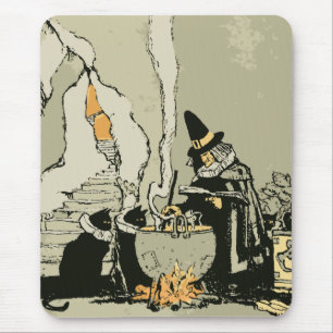 Vintage Halloween, Hexe mit Kessel und Katzen Mousepad