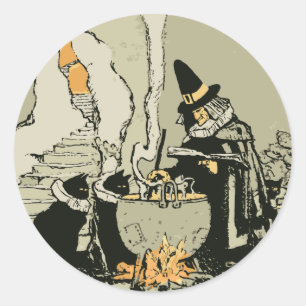 Vintage Halloween, Hexe mit Kessel und Katzen Runder Aufkleber