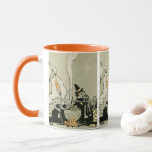 Vintage-Halloween, Hexe mit Kessel und Katzen Tasse