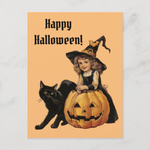 Vintage Halloween-Hexe mit Kürbis Postkarte