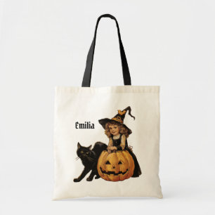 Vintage Halloween-Hexe mit Kürbis Tragetasche