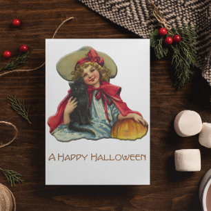 Vintage-Halloween-Hexe mit Kürbis und Katze Karte
