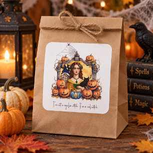 Vintage-Halloween-Hexe mit Kürbissen Quadratischer Aufkleber