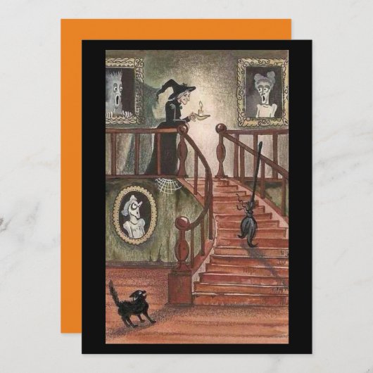 Vintage Halloween-Hexe mit schwarzen Katzen (Vorne/Hinten)