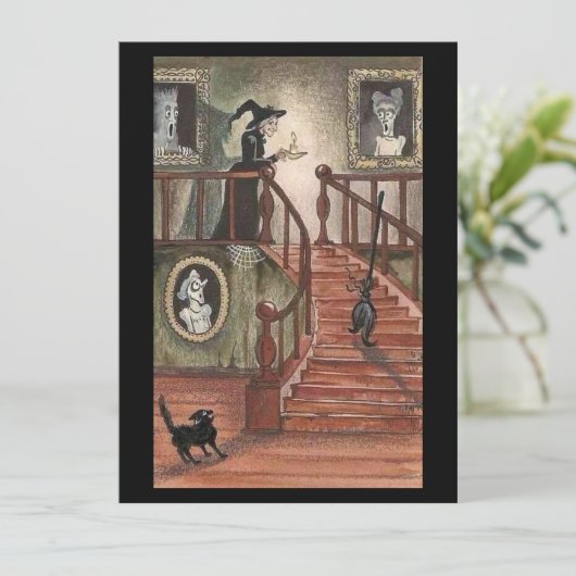 Vintage Halloween-Hexe mit schwarzen Katzen (Stehend Vorderseite)