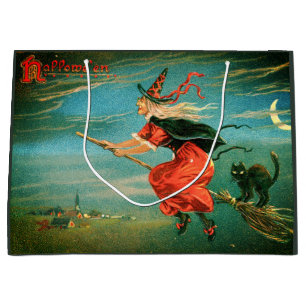 Vintage Halloween-Hexe mit Schwarzer Katze Große Geschenktüte
