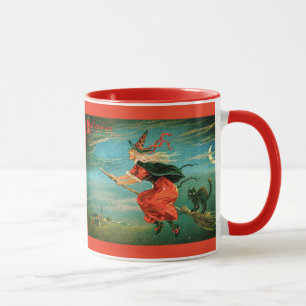 Vintage Halloween-Hexe mit Schwarzer Katze Tasse