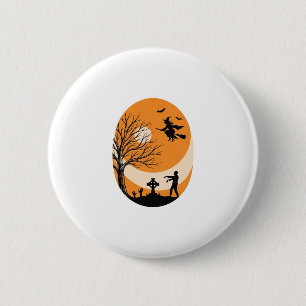 Vintage-Halloween-Hexe-Mond-Friedhof-Vektor-Desi Button