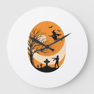 Vintage-Halloween-Hexe-Mond-Friedhof-Vektor-Desi Große Wanduhr