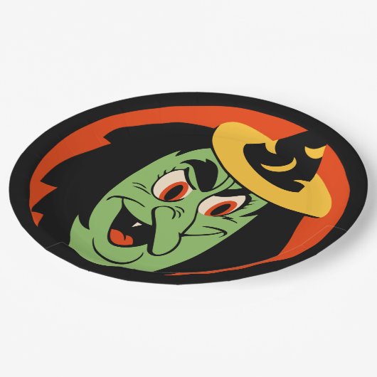 Vintage Halloween-Hexe Pappteller (Schrägansicht)