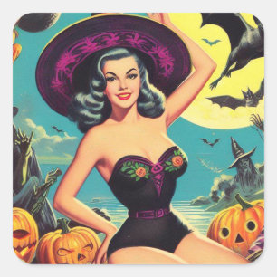 Vintage-Halloween-Hexe Pin Up Quadratischer Aufkleber