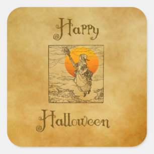 Vintage-Halloween-Hexe-Quadratische-Aufkleber Quadratischer Aufkleber