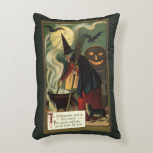 Vintage-Halloween-Hexe rührt magischen Kessel Dekokissen