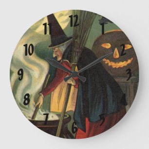 Vintage-Halloween-Hexe rührt magischen Kessel Große Wanduhr