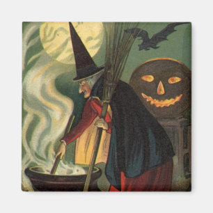 Vintage-Halloween-Hexe rührt magischen Kessel Magnet