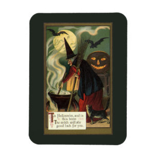Vintage-Halloween-Hexe rührt magischen Kessel Magnet