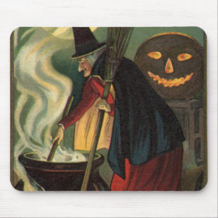 Vintage-Halloween-Hexe rührt magischen Kessel Mousepad