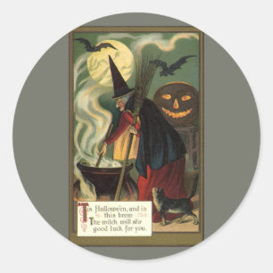 Vintage-Halloween-Hexe rührt magischen Kessel Runder Aufkleber