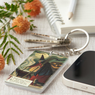 Vintage-Halloween-Hexe rührt magischen Kessel Schlüsselanhänger