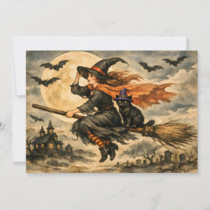 Vintage-Halloween-Hexe, schwarze Katze auf dem Bes Feiertagskarte