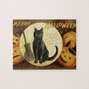 Vintage Halloween-Hexe Schwarze Katze & Kürbisse Puzzle