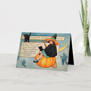 Vintage-Halloween-Hexe-schwarze Katzen Feiertagska Karte