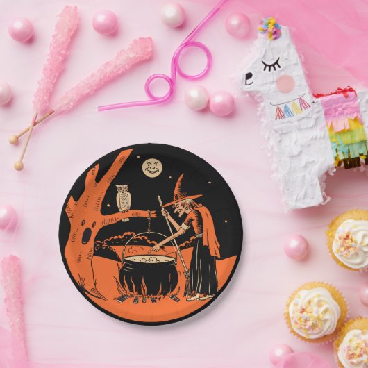 Vintage Halloween Hexe und Cauldron Pappteller (Party)