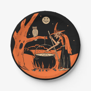 Vintage Halloween Hexe und Cauldron Pappteller
