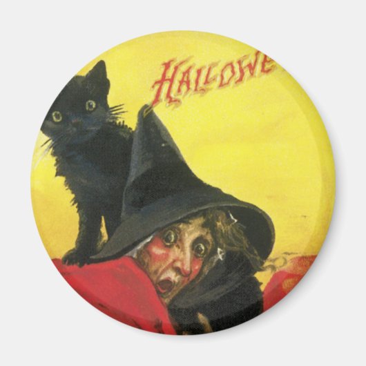 Vintage Halloween Hexe und Katze Magnet (Vorne)