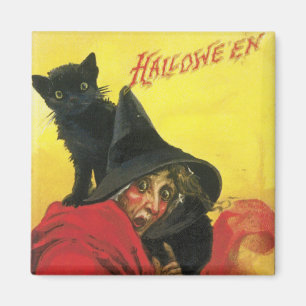Vintage Halloween Hexe und Katze Magnet