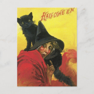 Vintage Halloween Hexe und Katze Postkarte
