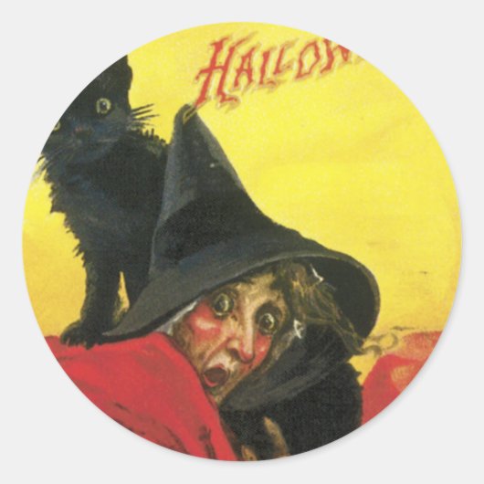 Vintage Halloween Hexe und Katze Runder Aufkleber (Vorderseite)