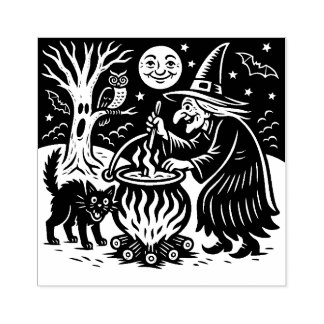 Vintage-Halloween-Hexe-und-Katze-Stempel Gummistempel