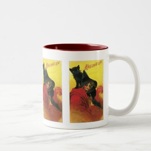 Vintage Halloween Hexe und Katze Zweifarbige Tasse (Rechts)