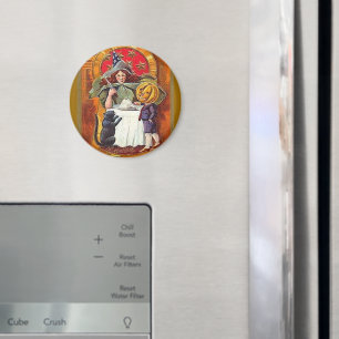Vintage Halloween Hexe und Kürbiskopf Junge Magnet