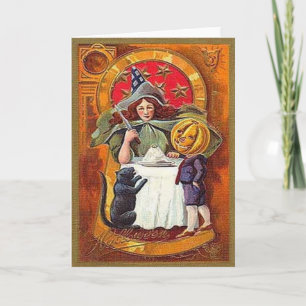 Vintage Halloween Hexe und Pumpkin Head Boy Karte