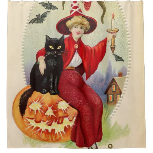 Vintage Halloween-Hexe und Schwarze Katze Duschvorhang (Vorderseite)