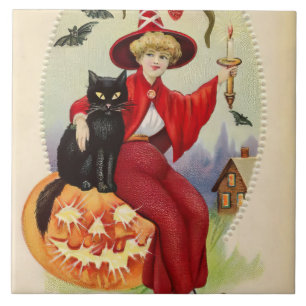 Vintage-Halloween-Hexe und schwarze Katze Fliese