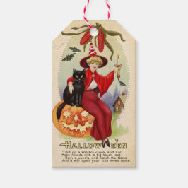 Vintage Halloween-Hexe und Schwarze Katze Geschenkanhänger