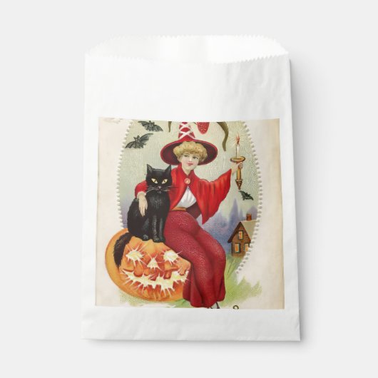 Vintage Halloween-Hexe und Schwarze Katze Geschenktütchen (Vorderseite)