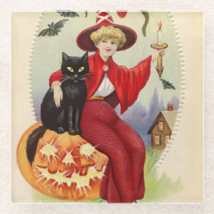 Vintage Halloween-Hexe und Schwarze Katze Glasuntersetzer