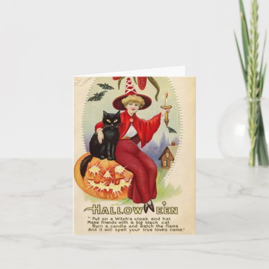 Vintage Halloween-Hexe und Schwarze Katze Karte (Vorderseite)