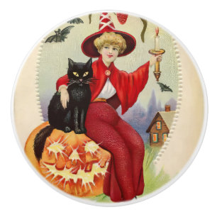 Vintage-Halloween-Hexe und schwarze Katze Keramikknauf