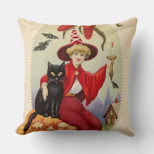 Vintage-Halloween-Hexe und schwarze Katze Kissen