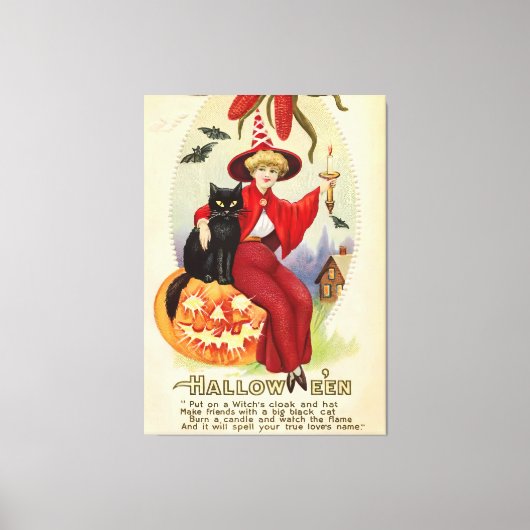 Vintage Halloween-Hexe und Schwarze Katze Leinwanddruck (Vorderseite)