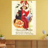 Vintage Halloween-Hexe und Schwarze Katze Leinwanddruck (Insitu (Wohnzimmer))